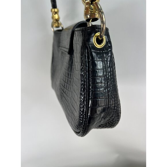 Black Croc Embossed Shoulder Bag With Gold Alligator Detail By Bueno - Picture 5 of 11
